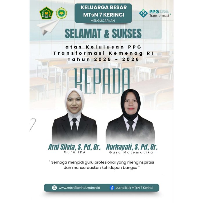 Dua Guru MTsN 7 Kerinci Lulus Program PPG Kemenag